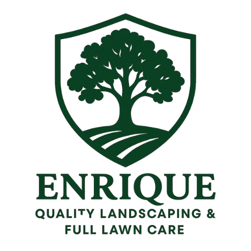 Enrique Landscaping logo with green tree in shield emblem